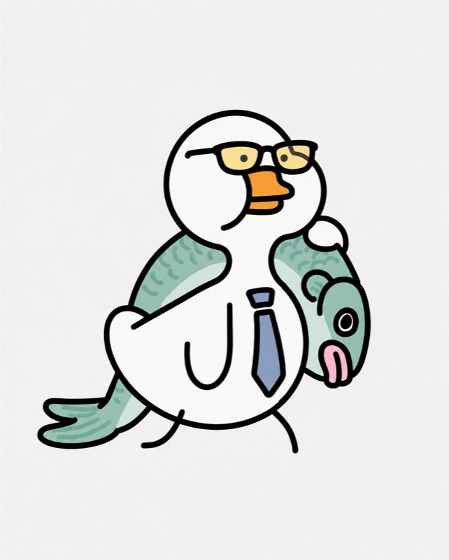 Illustration of a goose in glasses and a tie, carrying a fish